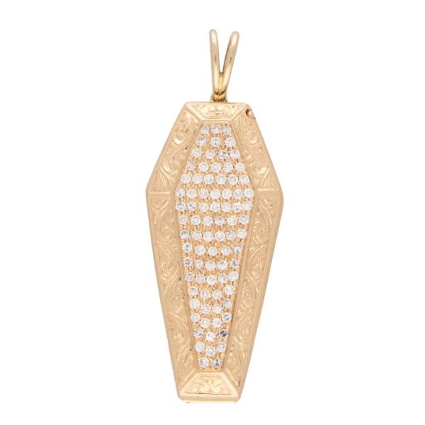 Vintage diamond skeleton and coffin pendant in rose and yellow gold.