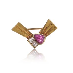 Antique Russian 14 Carat Gold Ruby And Diamond Bow Brooch