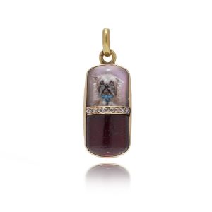 Antique 21 Carat Gold Pendant With Diamonds And Dog Miniature In Rock Crystal