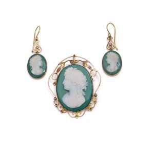 Victorian Green Agate Brooch and Earrings Cameo Suite