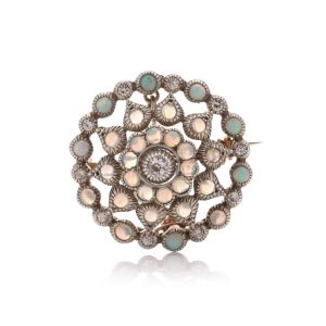Edwardian Round Opal And Diamond Brooch/Pendant In 9 Carat Gold And Silver