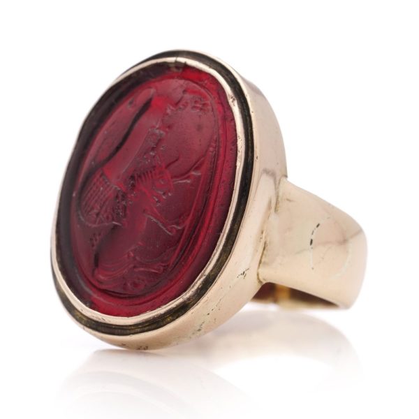 Antique 14 carat rose gold red pique glass intaglio ring.