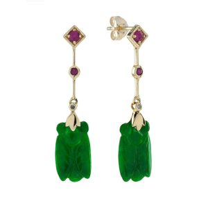 Carved Jade Drop Earrings with Ruby and Diamond