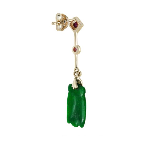 Carved Bee Natural Jade Drop Earrings with Ruby and Diamond