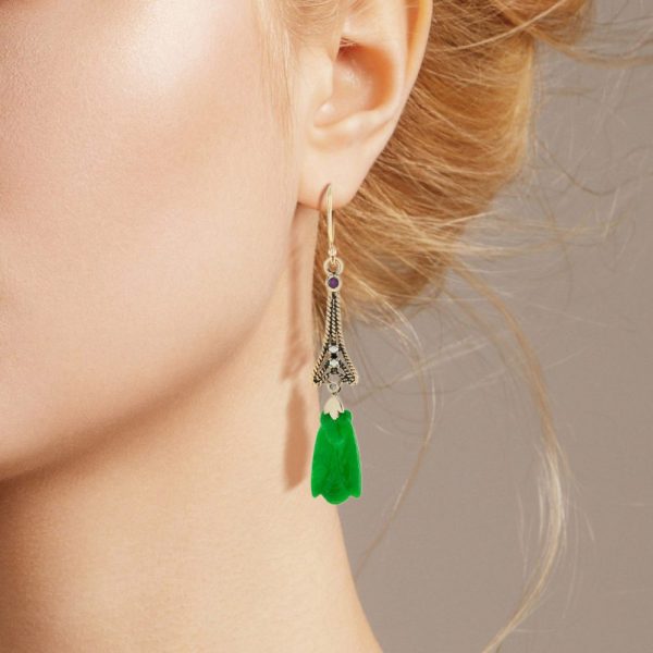 Carved Natural Jade Drop Earrings with Emerald Pearl and Diamond in a 9ct yellow gold with French wire fittings