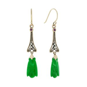Carved Jade Drop Earrings with Emerald Pearl and Diamond
