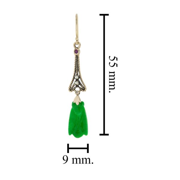 Carved Natural Jade Drop Earrings with Emerald Pearl and Diamond in a 9ct yellow gold with French wire fittings