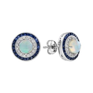 Opal Diamond and Sapphire Double Cluster Stud Earrings