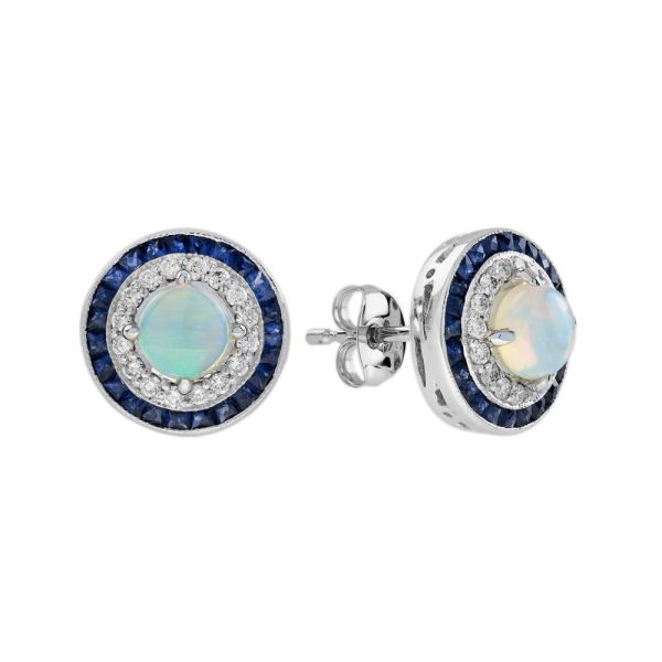 Opal Diamond and Sapphire Double Halo Target Cluster Stud Earrings in 18ct white gold