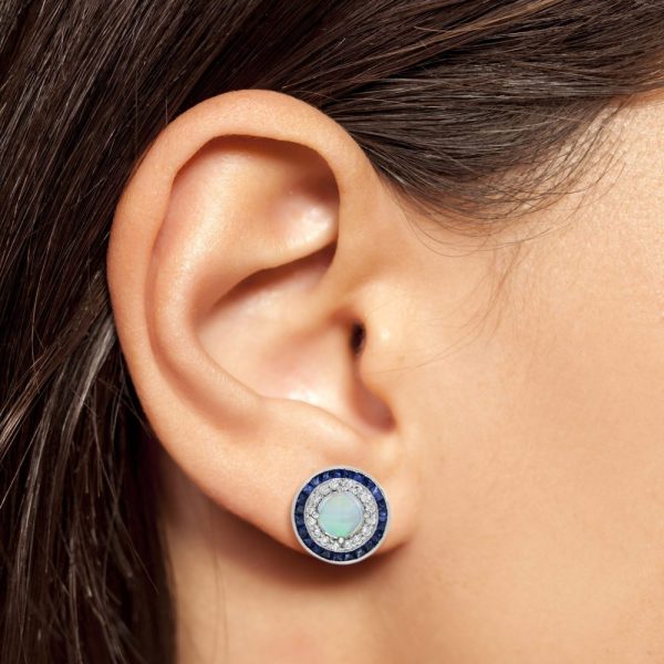 Opal Diamond and Sapphire Double Halo Target Cluster Stud Earrings in 18ct white gold