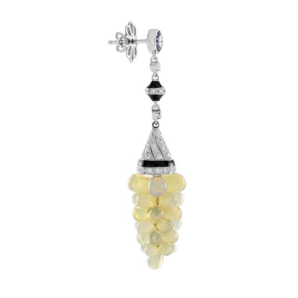 Opal Grape Drop Earrings with Diamond and Sapphire and Black Enamel