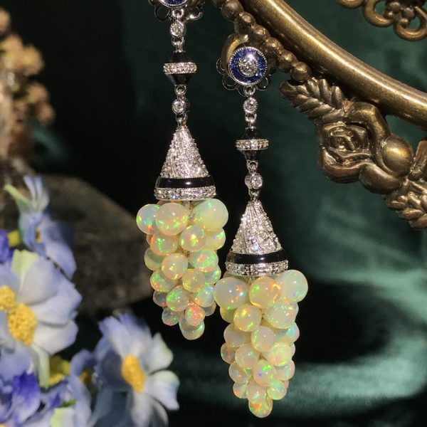 Opal Grape Drop Earrings with Diamond and Sapphire and Black Enamel