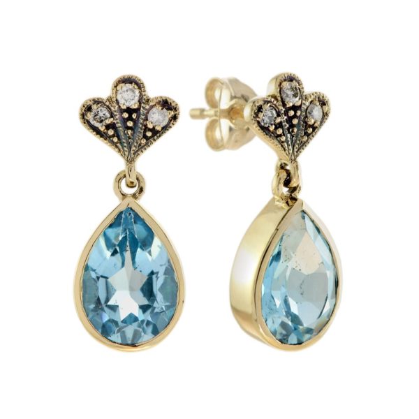 4.20ct Pear Cut Blue Topaz and Diamond Drop Earrings