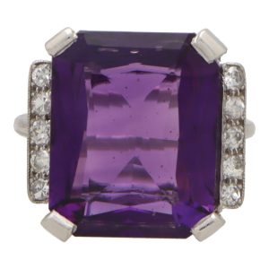 Vintage Art Deco Inspired 13.10 Carat Amethyst And Old Mine Cut Diamond Cocktail Ring