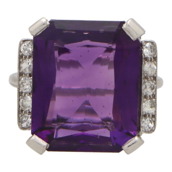 Amethyst and diamond cocktail ring set in platinum.