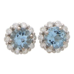 Aquamarine And Diamond Cluster Stud Earrings In White Gold