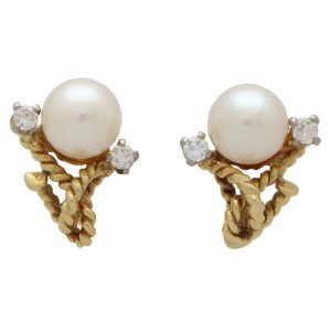 Vintage Pearl and Diamond Twisted Rope Clip Earrings In 18 Carat Yellow Gold