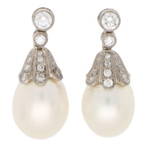 Contemporary Pearl and Diamond Drop Earrings in White Gold
