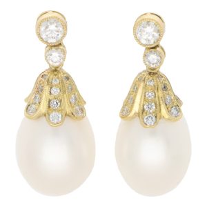 Contemporary Pearl and Diamond Drop Earrings in Yellow Gold