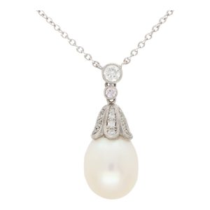 Contemporary Pearl and Diamond Pendant Necklace in White Gold