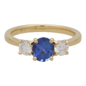 GIA Certified Diamond And 1.14 Carat Sapphire Three Stone Ring
