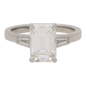 GIA Certified 2.54 Carat Emerald Cut Diamond Three Stone Ring In Platinum