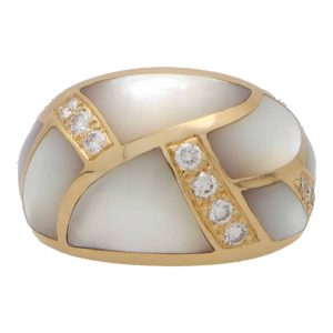 Vintage Mother of Pearl and Diamond Bombe Ring In 14 Carat Yellow Gold