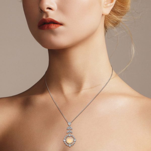 Opal and Diamond Cluster Pendant Necklace