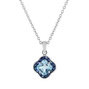 Fancy Lily Quatrefoil Cut 1ct Blue Topaz and Blue Sapphire Cluster Pendant Necklace