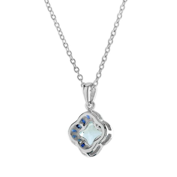 Fancy Lily Quatrefoil Cut 1ct Blue Topaz and Blue Sapphire Cluster Pendant Necklace