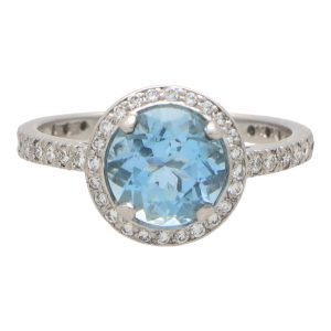 Contemporary 1.72 Carat Aquamarine And Diamond Halo Ring In Platinum