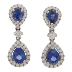 Blue Sapphire And Diamond Double Cluster Drop Earrings In White Gold