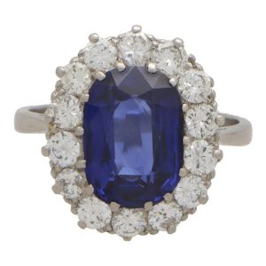 Vintage 3.66 Carat Sapphire And Diamond Cluster Ring In Platinum