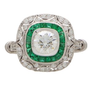 Art Deco Inspired Emerald And Diamond Double Target Ring In White Gold