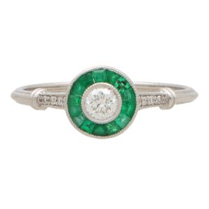 At Deco Inspired Diamond And Emerald Target Ring In White Gold