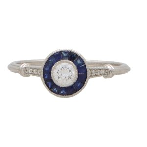 Art Deco Inspired Diamond And Sapphire Target Ring In White Gold