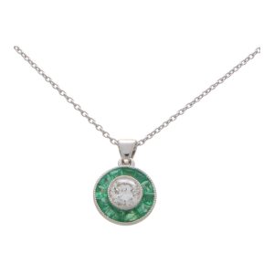 Art Deco Inspired Diamond And Emerald Target Necklace In White Gold