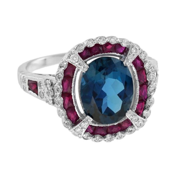 2.45ct Oval London Blue Topaz Ruby and Diamond Cluster Dress Ring