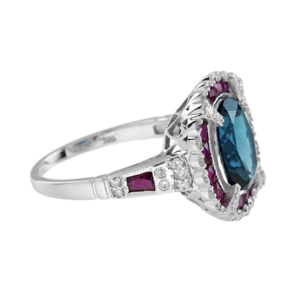 2.45ct Oval London Blue Topaz Ruby and Diamond Cluster Dress Ring