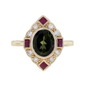 Green Tourmaline Ruby and Diamond Navette Cluster Ring