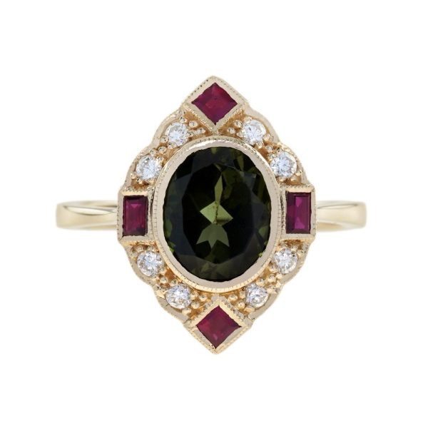 Green Tourmaline Ruby and Diamond Navette Marquise Cluster Ring