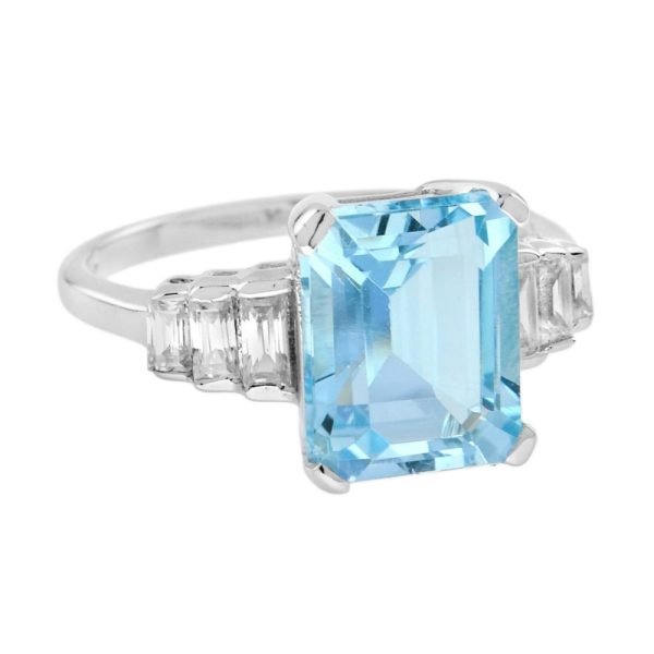 3.10ct Emerald Cut Aquamarine Solitaire Engagement Ring with Baguette Diamond Shoulders