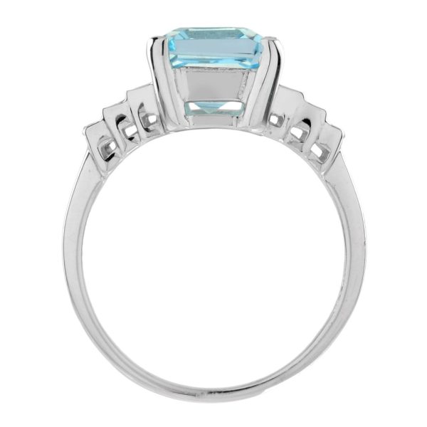 3.10ct Emerald Cut Aquamarine Solitaire Ring with Baguette Diamonds