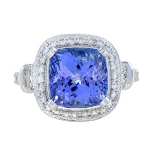 6.68ct Cushion Cut Tanzanite and Diamond Cluster Engagement Ring