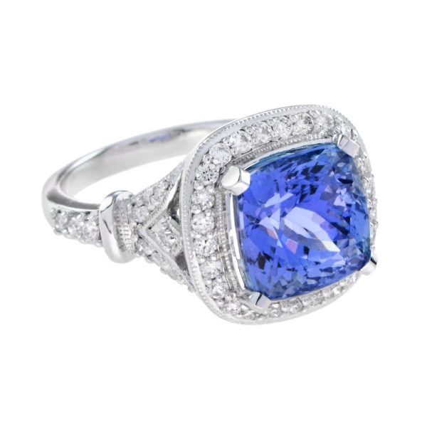 6.68ct Cushion Cut Tanzanite and Diamond Cluster Engagement Ring in 18ct White Gold