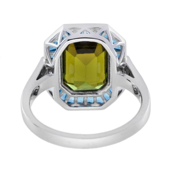 3.41ct Emerald Cut Green Tourmaline and Blue Topaz Cluster Ring with Diamond Shoulders in 14ct white gold with diamond shoulders