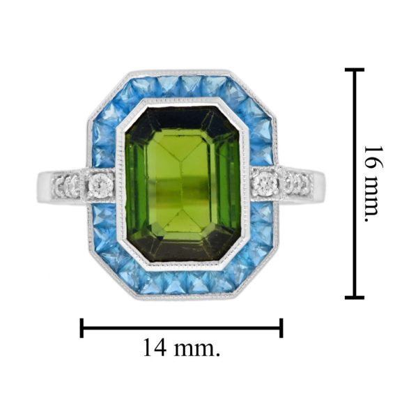 3.41ct Emerald Cut Green Tourmaline and Blue Topaz Cluster Ring with Diamond Shoulders in 14ct white gold with diamond shoulders