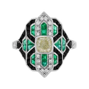 GIA Certified Diamond Emerald Onyx Cluster Cocktail Ring
