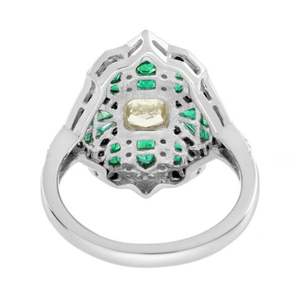 Art Deco Inspired GIA Certified Internally Flawless Diamond Emerald Onyx Cluster Cocktail Ring