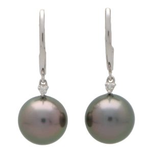 Tahitian pearl and diamond drop earrings in white gold.